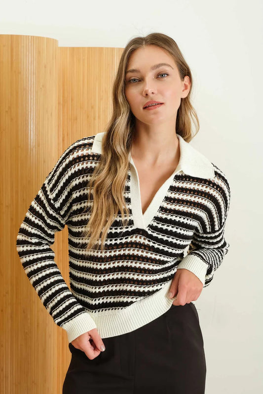 Alma Striped Crochet Knit Sweater